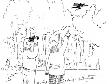 A cartoon of two birdwatchers who see something strange in the sky